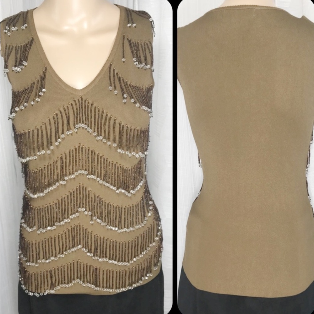CAL Fashion Brown beaded sleeveless sweater